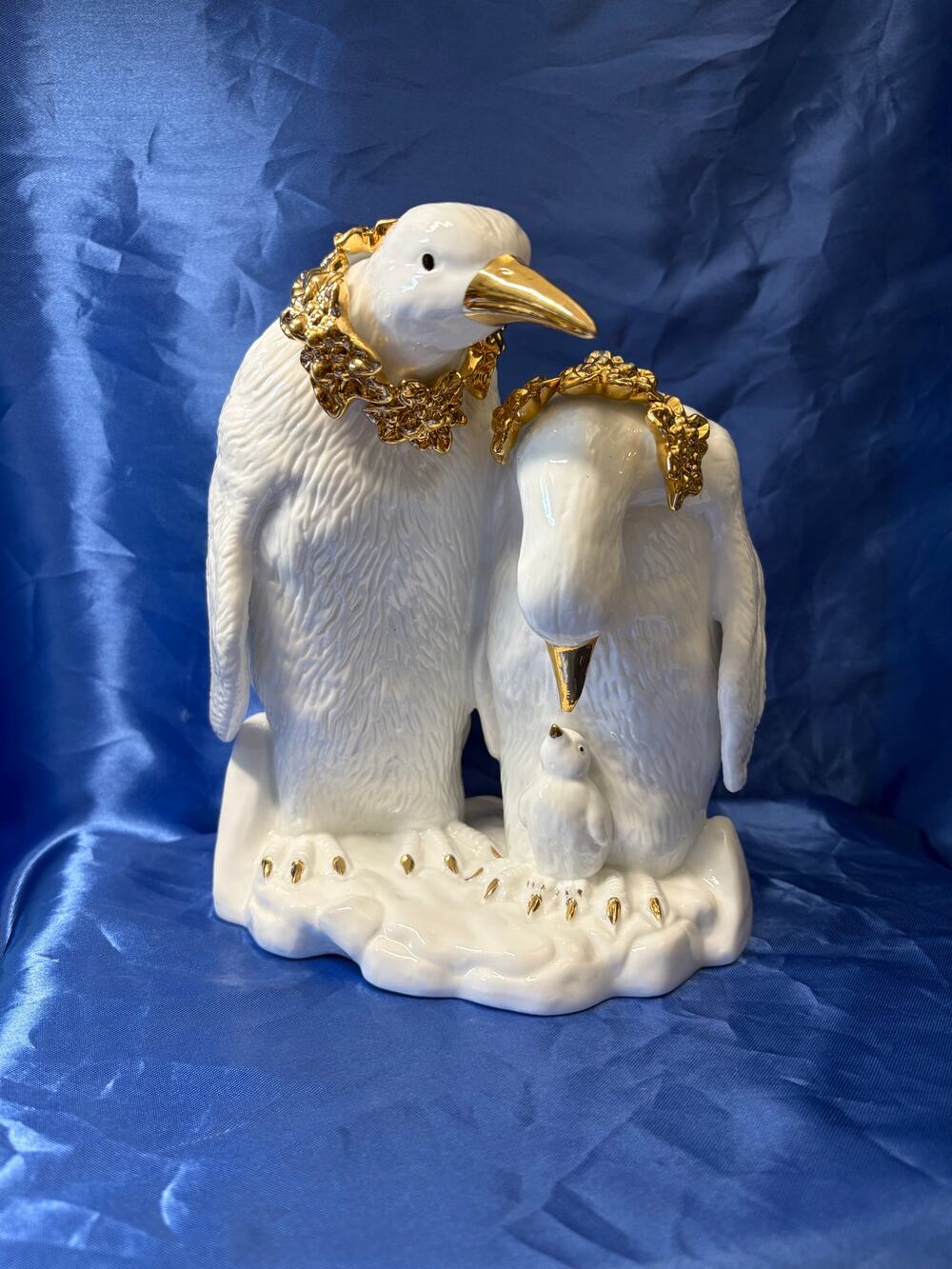 Large Porcelain White with Gold Trim Penguin Family Sculpture Figurine